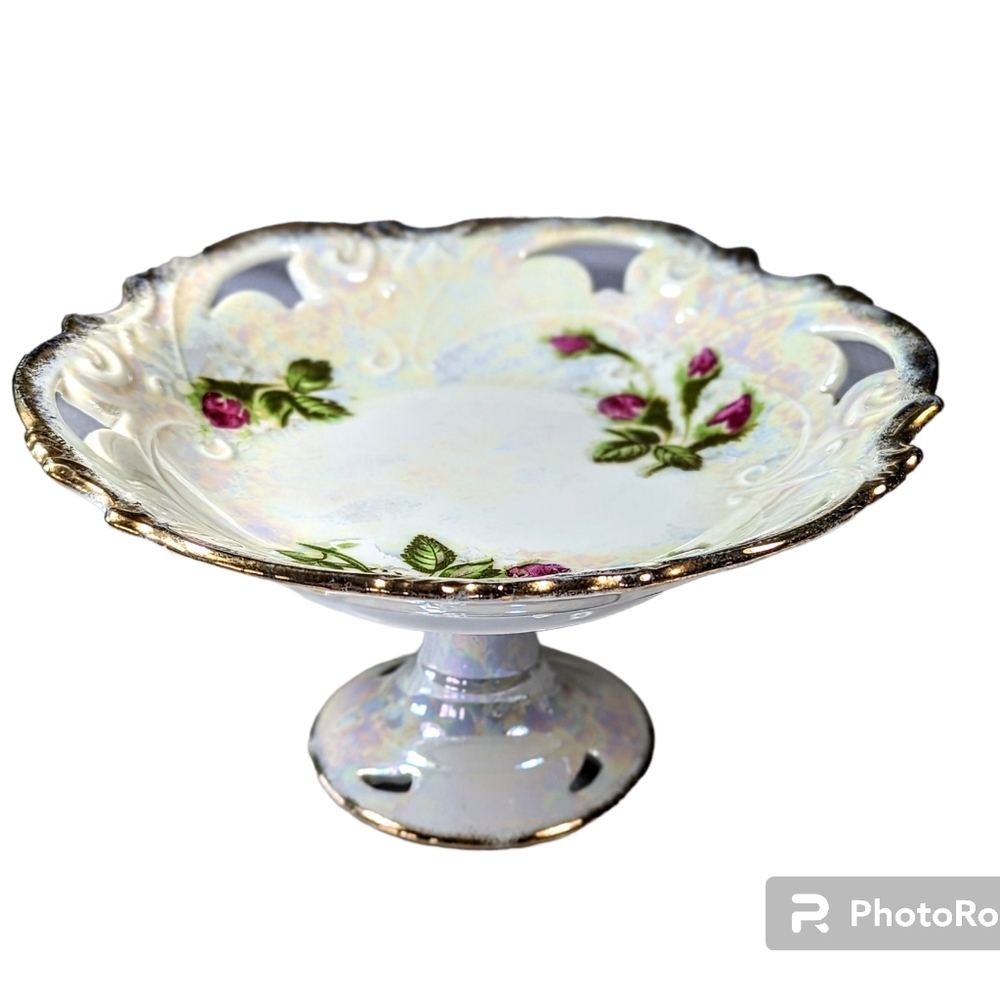 Vintage Norcrest Lusterware Moss Rose Compote Pedistal Dish Iridescent